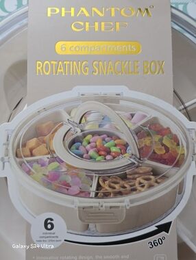 6 Compartment Rotating Snackle Box w/ Lid/ Handles NEW